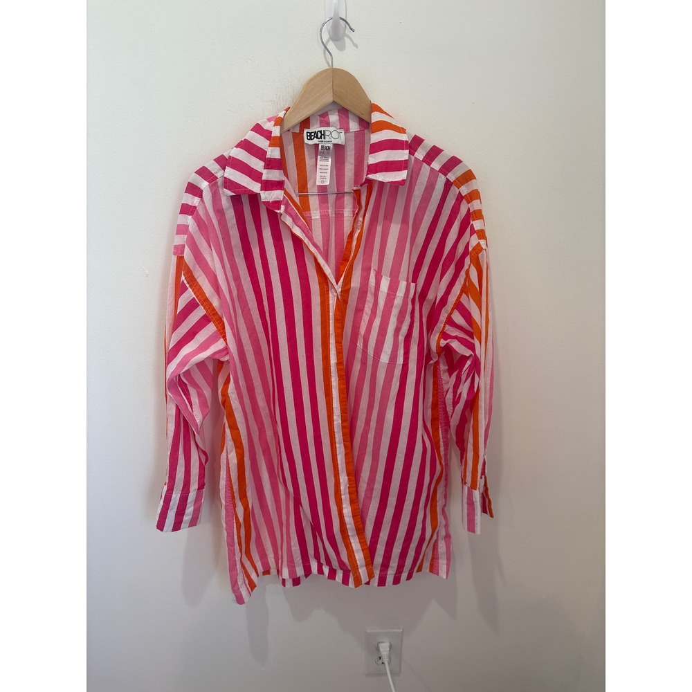 Beach Riot Womens Pink Orange Striped Oversized Cotton Beach Coverup Shirt L/XL